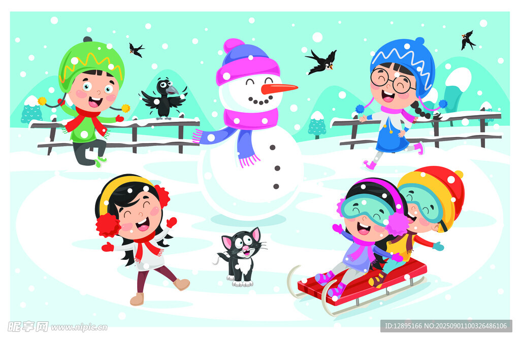 儿童冬日欢乐滑雪堆雪场景