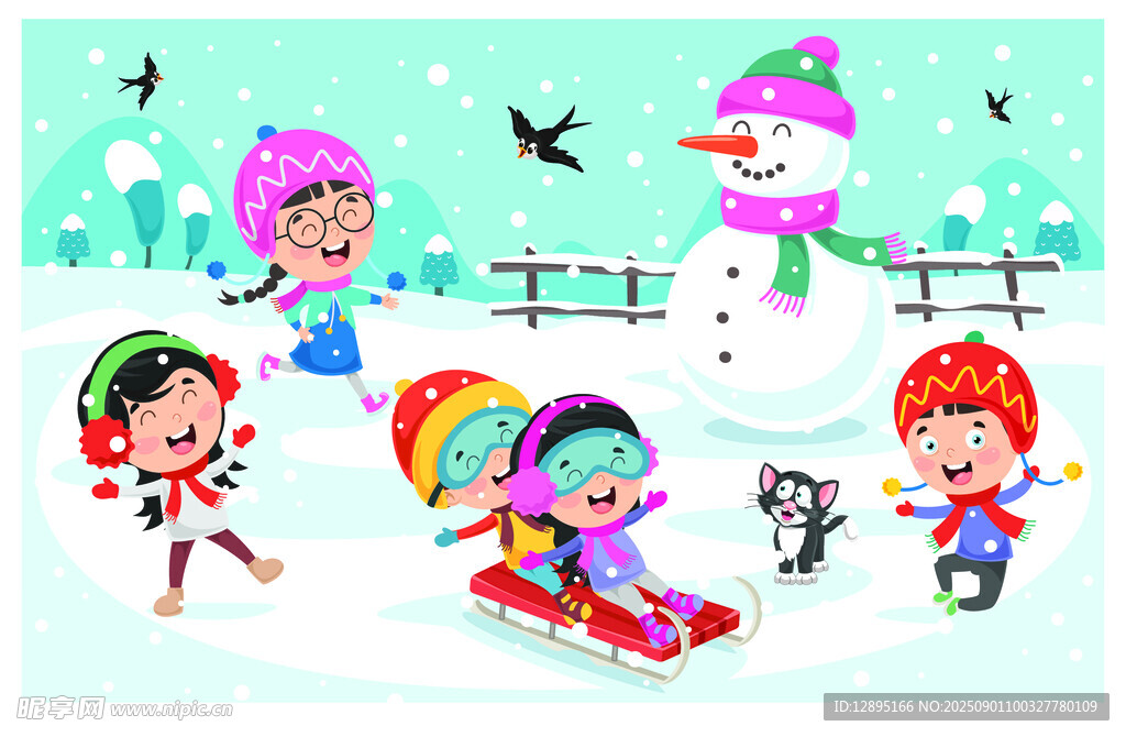儿童雪地欢乐玩耍场景