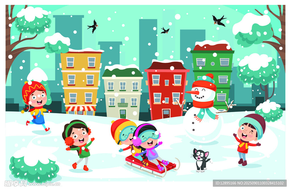 冬日街头儿童欢乐玩耍场景