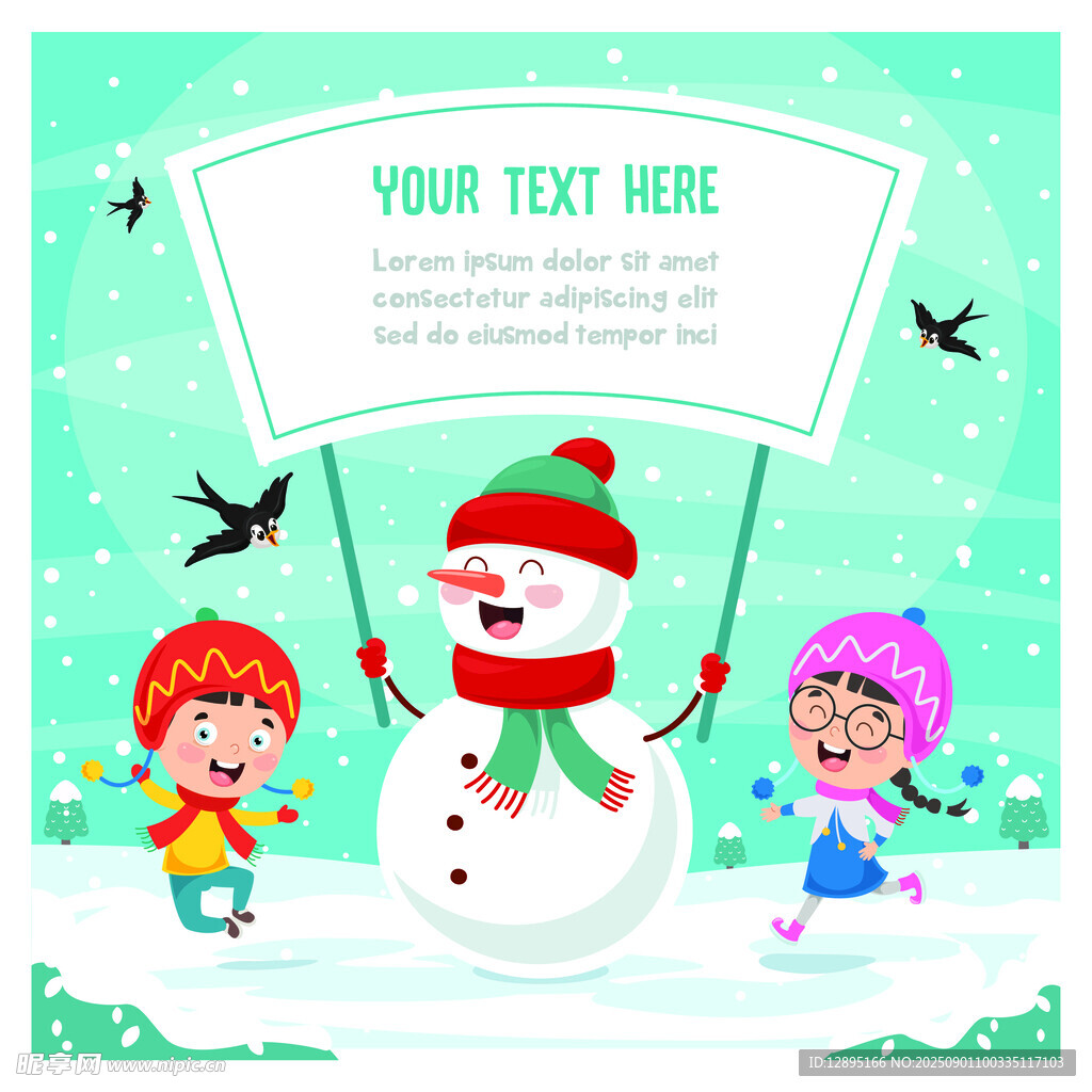 儿童与雪人欢乐玩耍场景