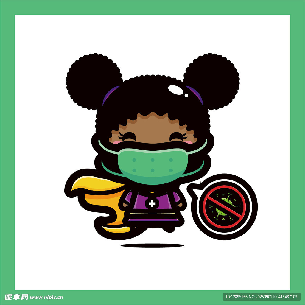 戴口罩的卡通女孩与禁止标志