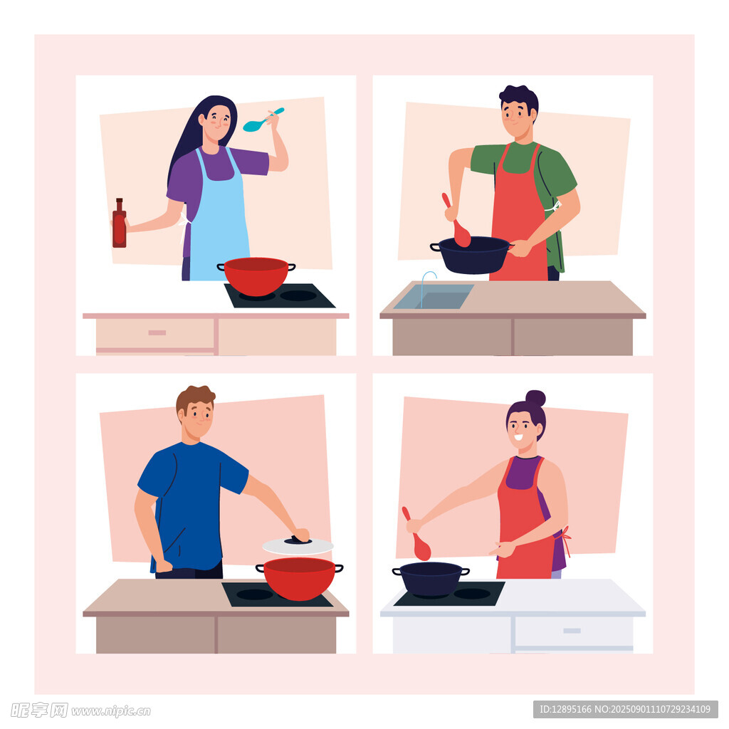 四人厨房烹饪瞬间
