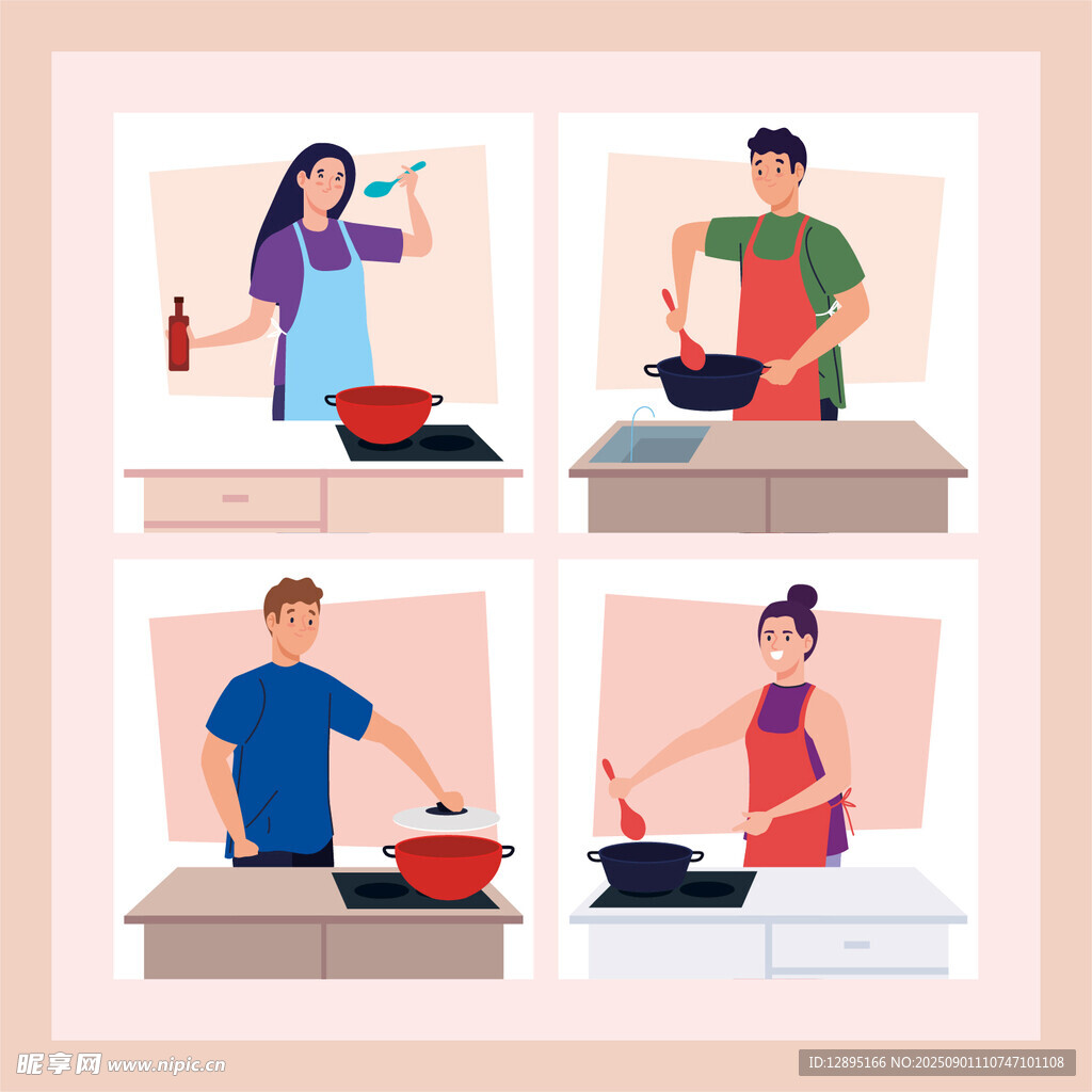 四人厨房烹饪场景