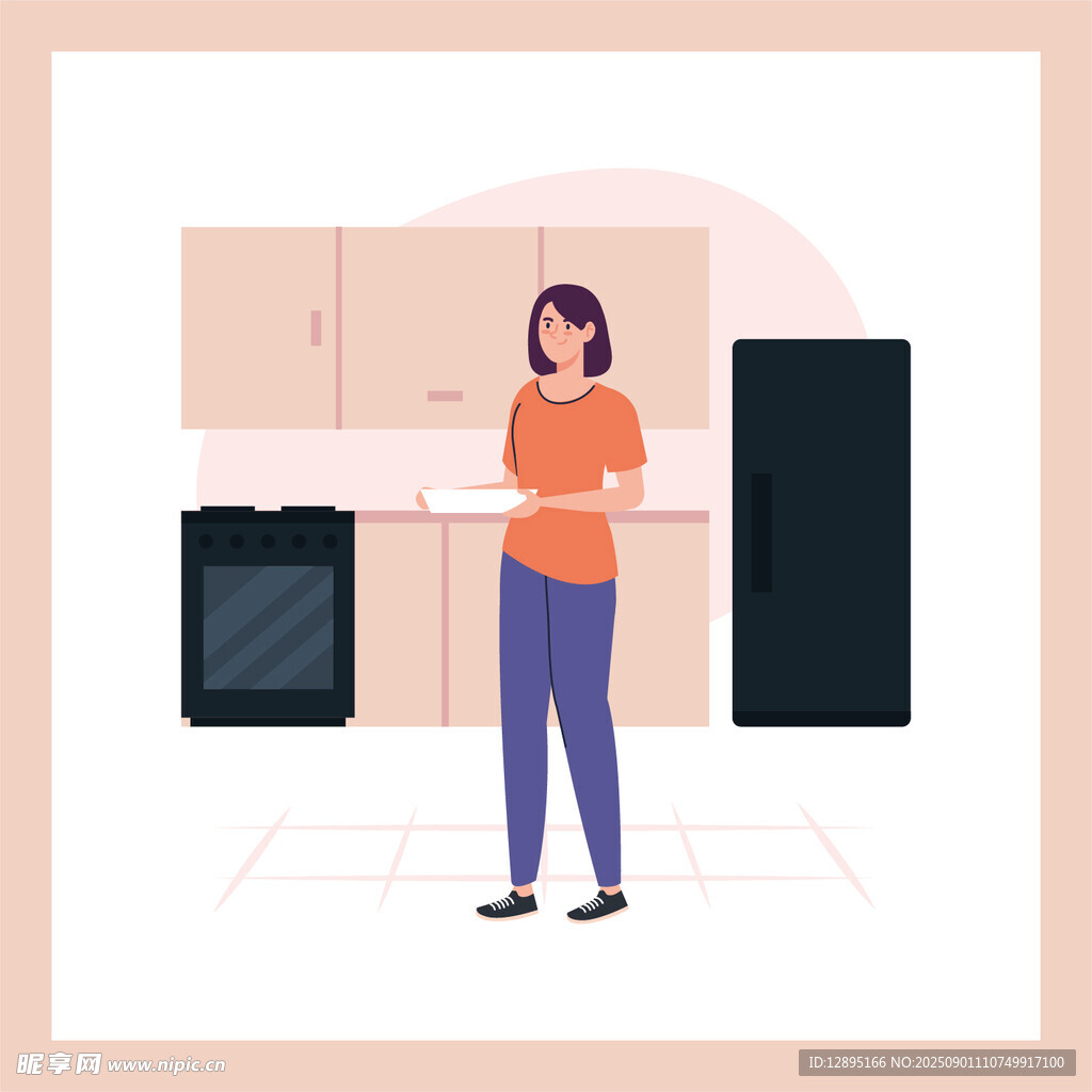 女子站立于现代厨房中