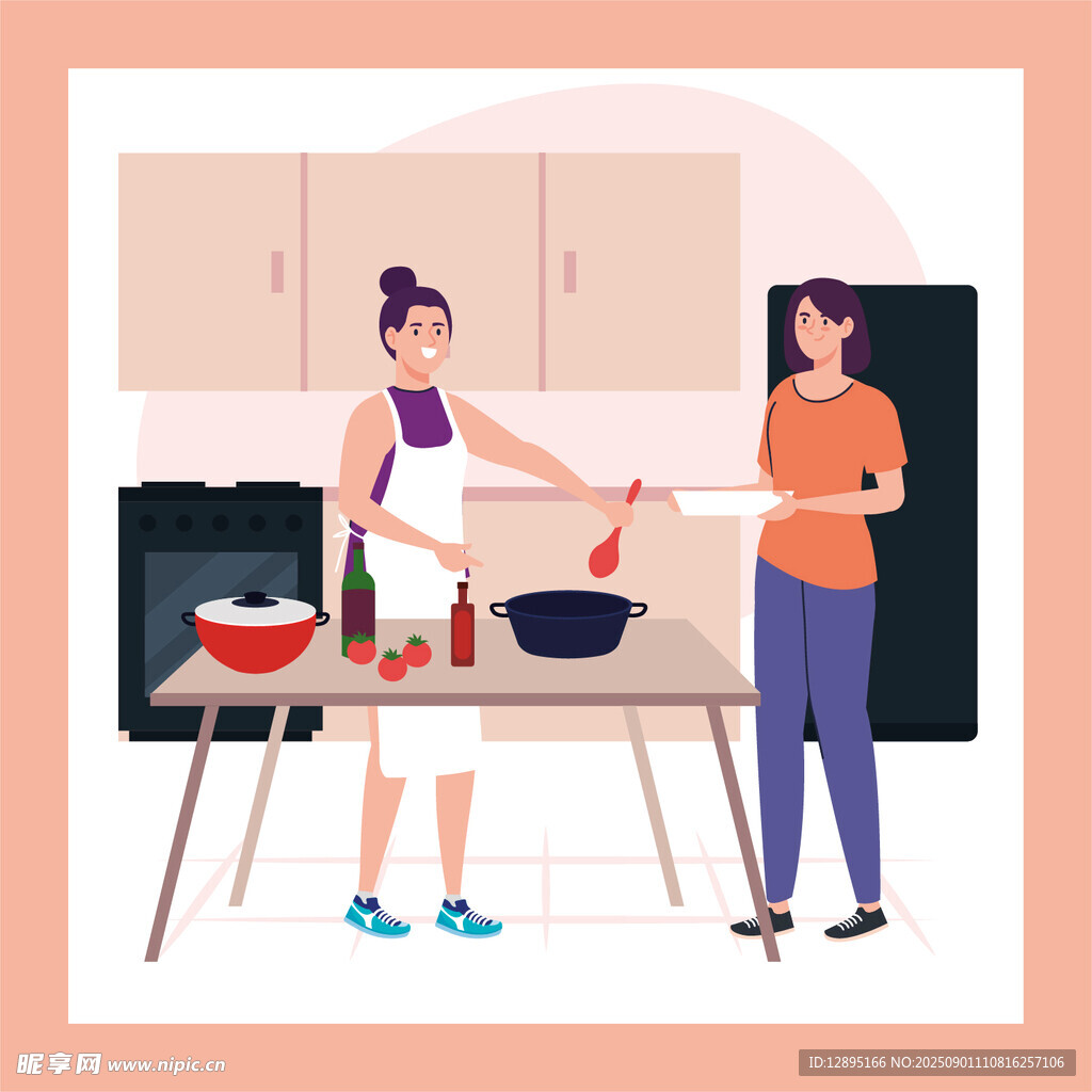 厨房中两人愉快烹饪场景
