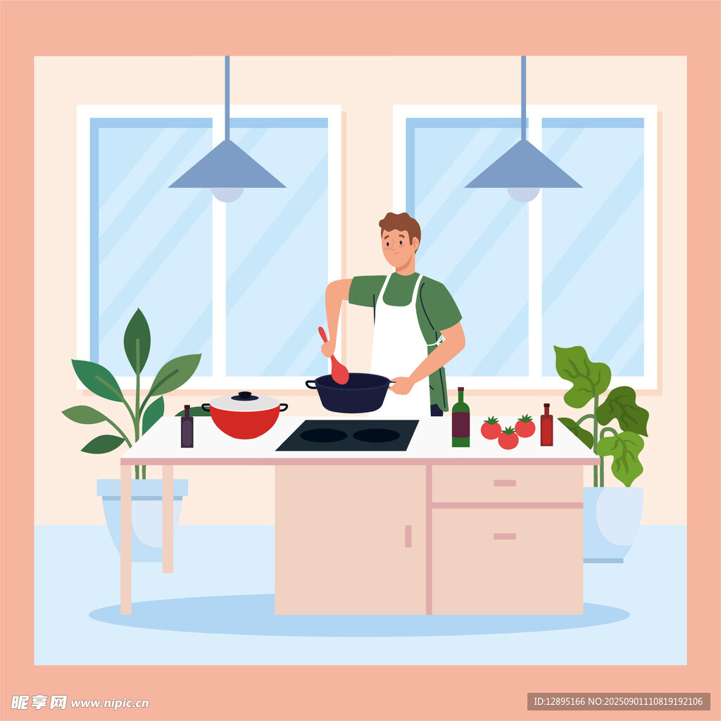 厨房中两人一起烹饪场景