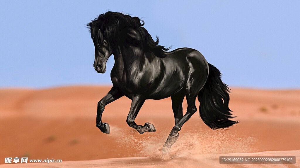 沙漠中奔腾的黑色骏马