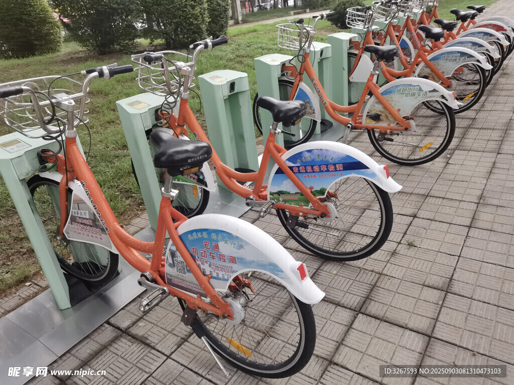 整齐停放的共享自行车