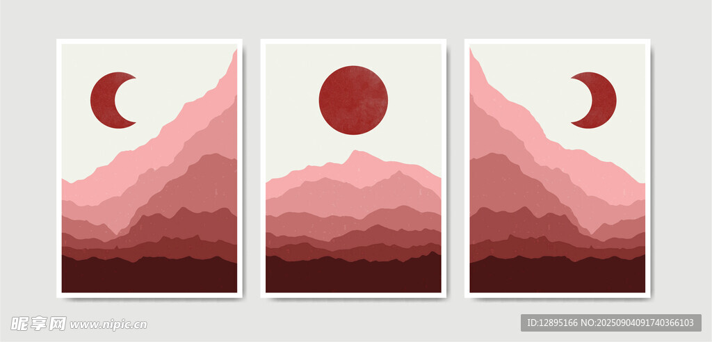 三联几何风落日山景图