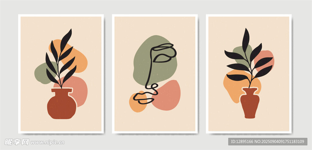 植物插画三联装饰画