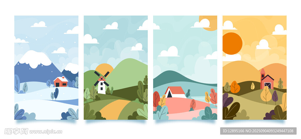卡通风景插画四幅组图