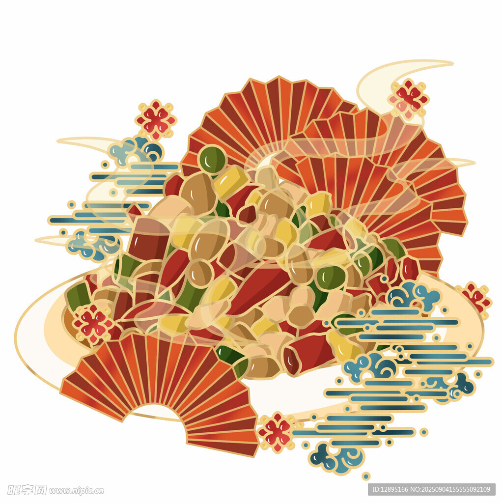 中式折扇风美食插画