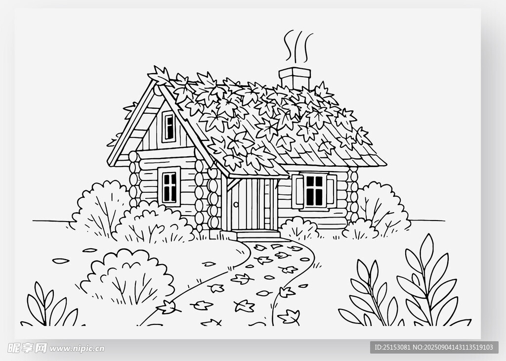手绘乡村小屋风景图