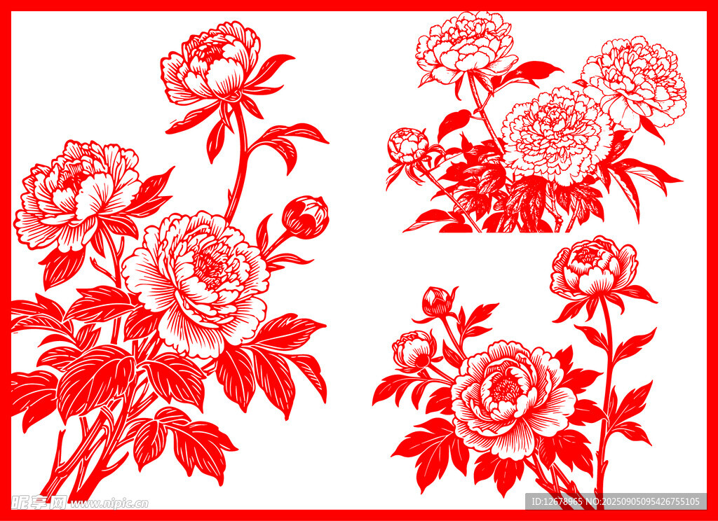 传统剪纸风盛开的红牡丹