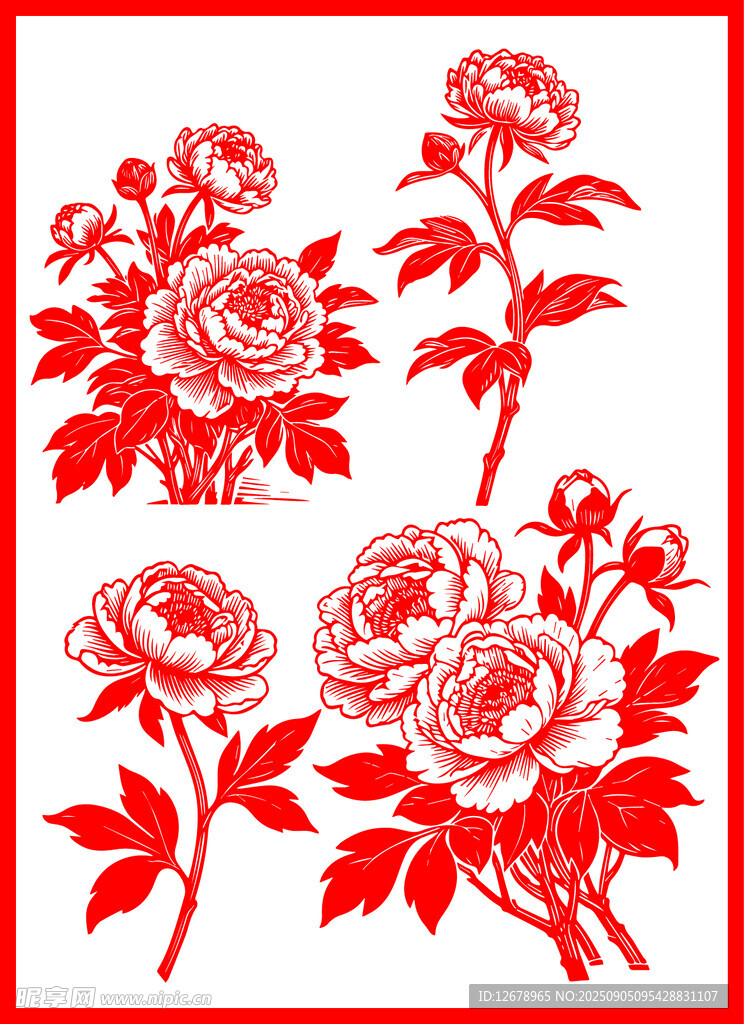 红色剪纸风盛开牡丹花