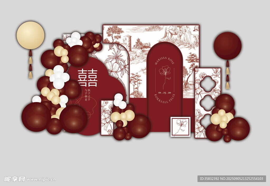 复古红主题气球装饰场景