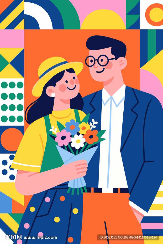 甜蜜情侣手捧鲜花