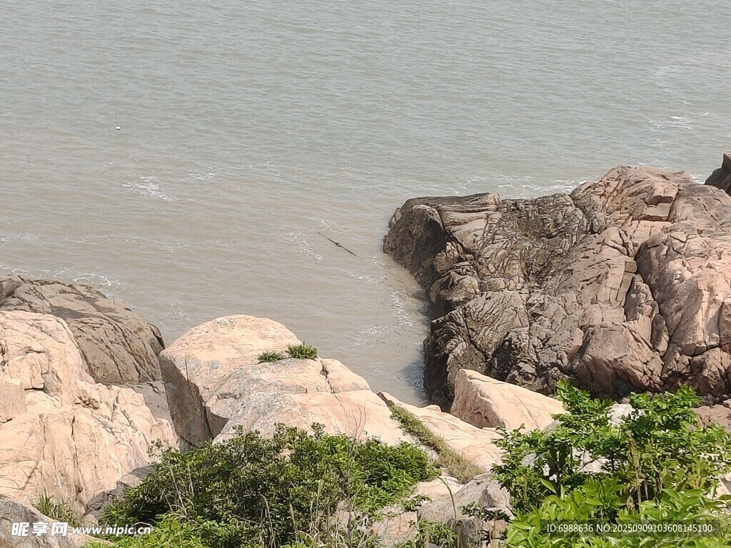 海边嶙峋岩石与绿植