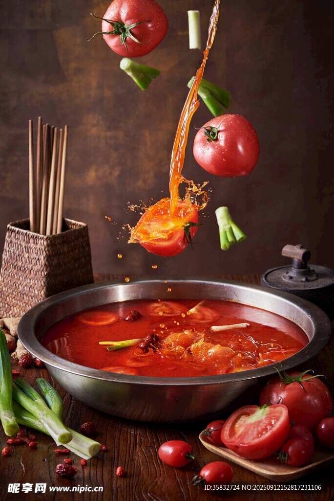 番茄火锅食材飞溅诱人场景