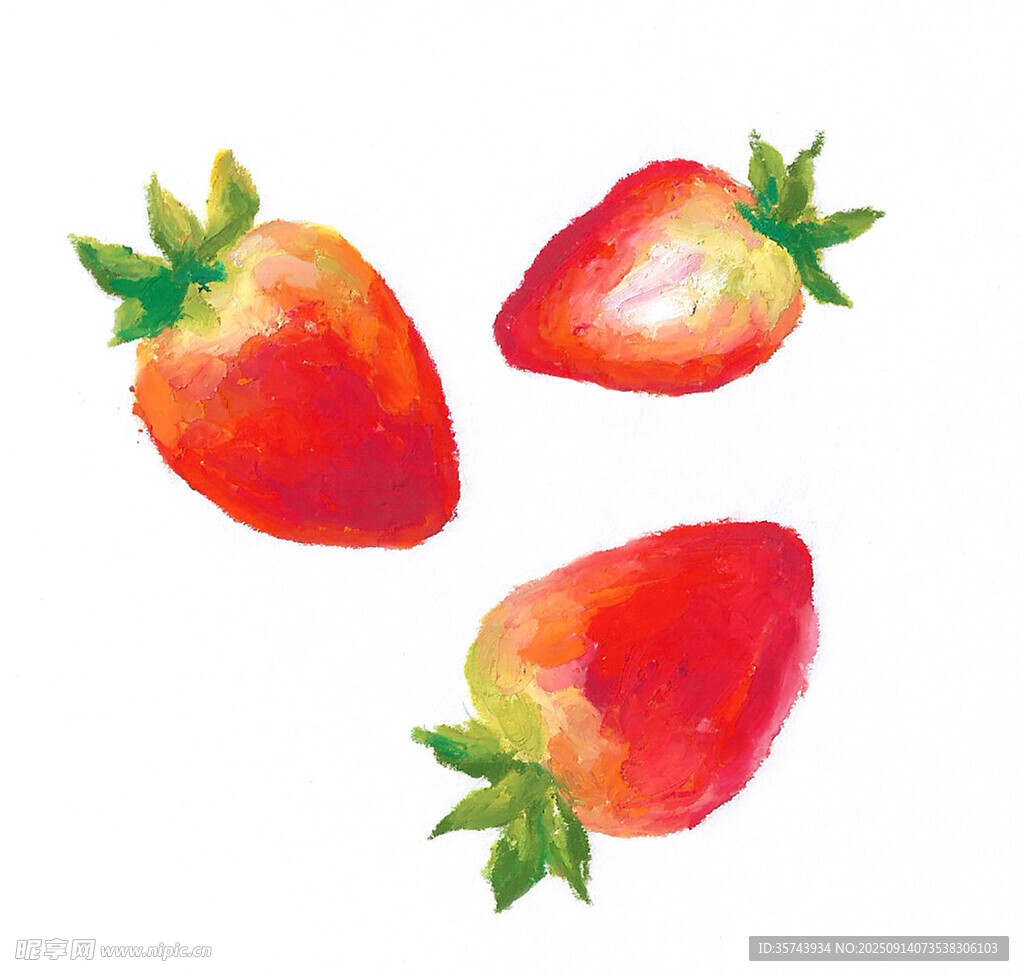 水彩画中的三颗新鲜草莓
