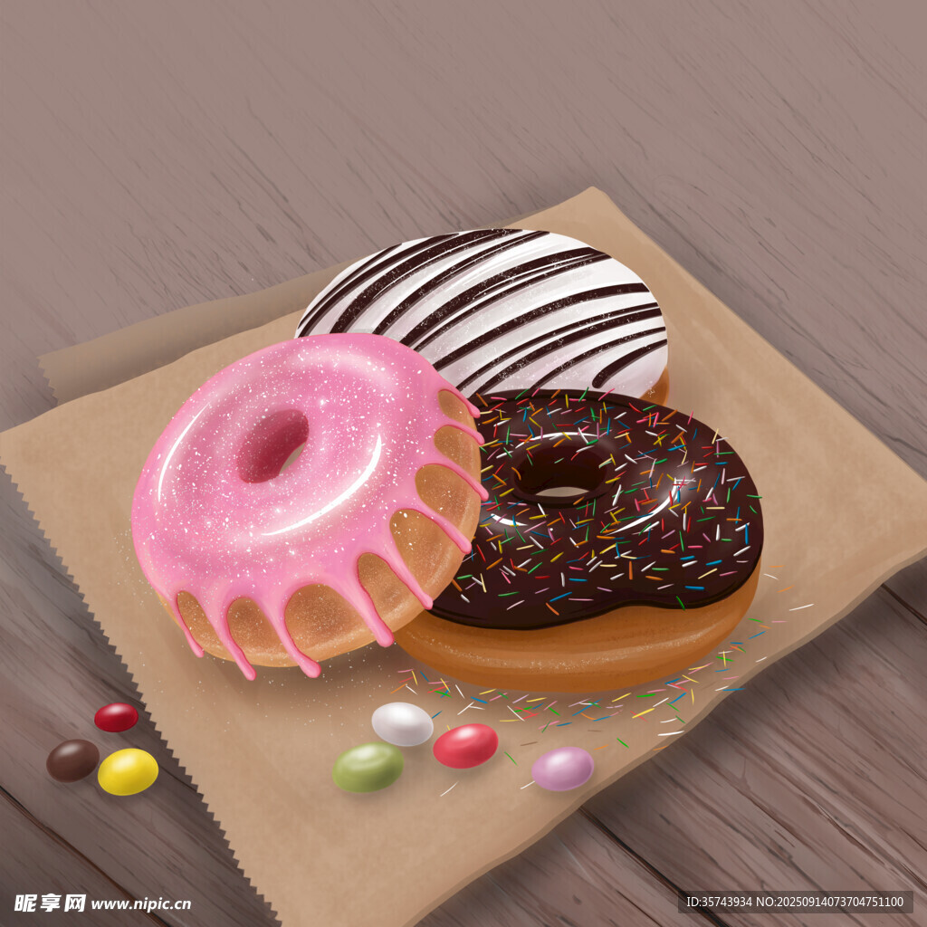 美味多彩甜甜圈与小糖果