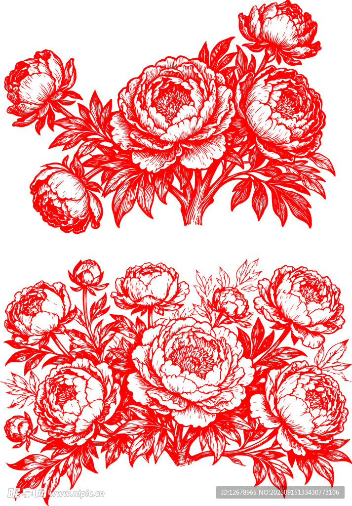 传统剪纸风红色牡丹花卉图案