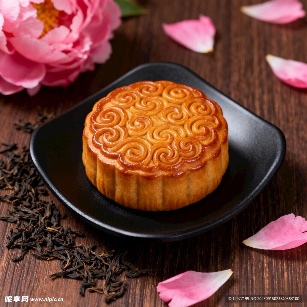 传统月饼配花茶与牡丹