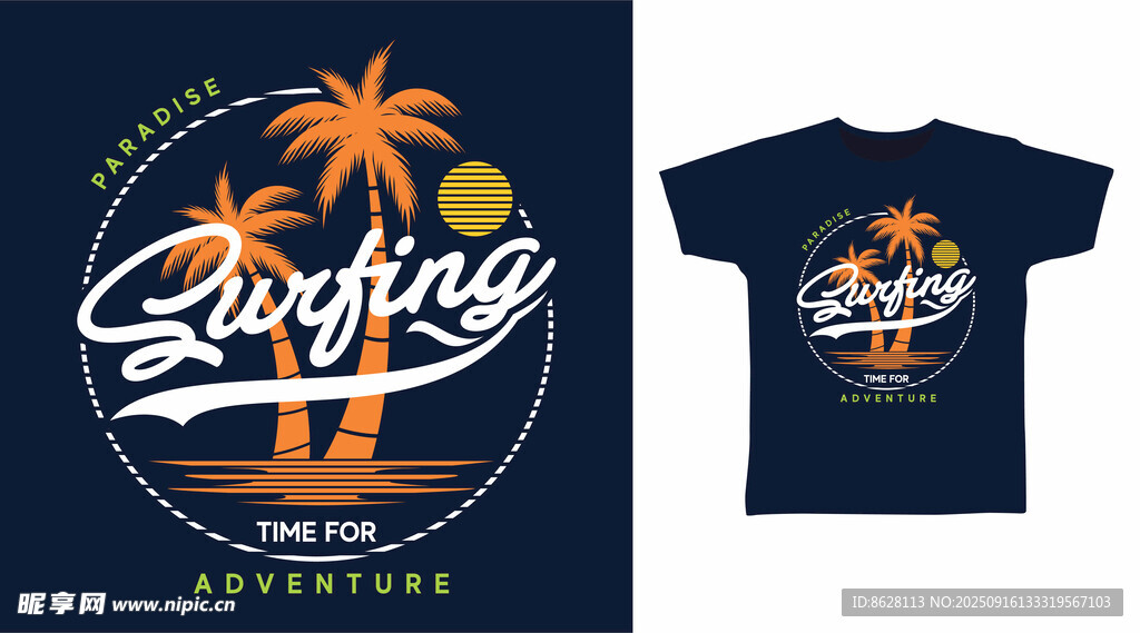 冲浪主题T恤设计图案