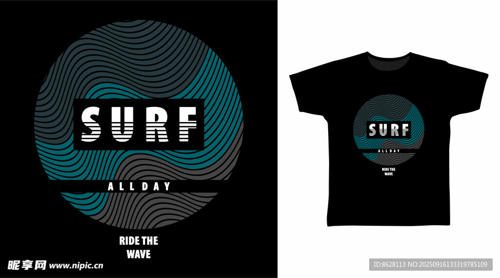 冲浪主题T恤设计图案