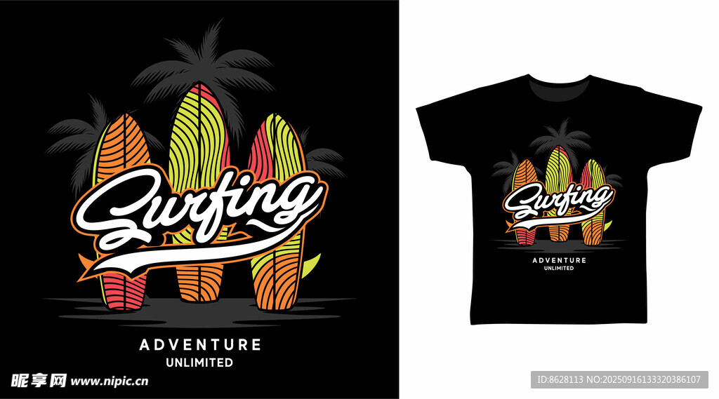 冲浪主题T恤设计图案