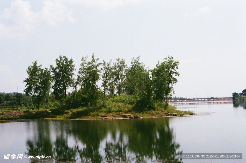 湖畔绿树倒影宁静美景