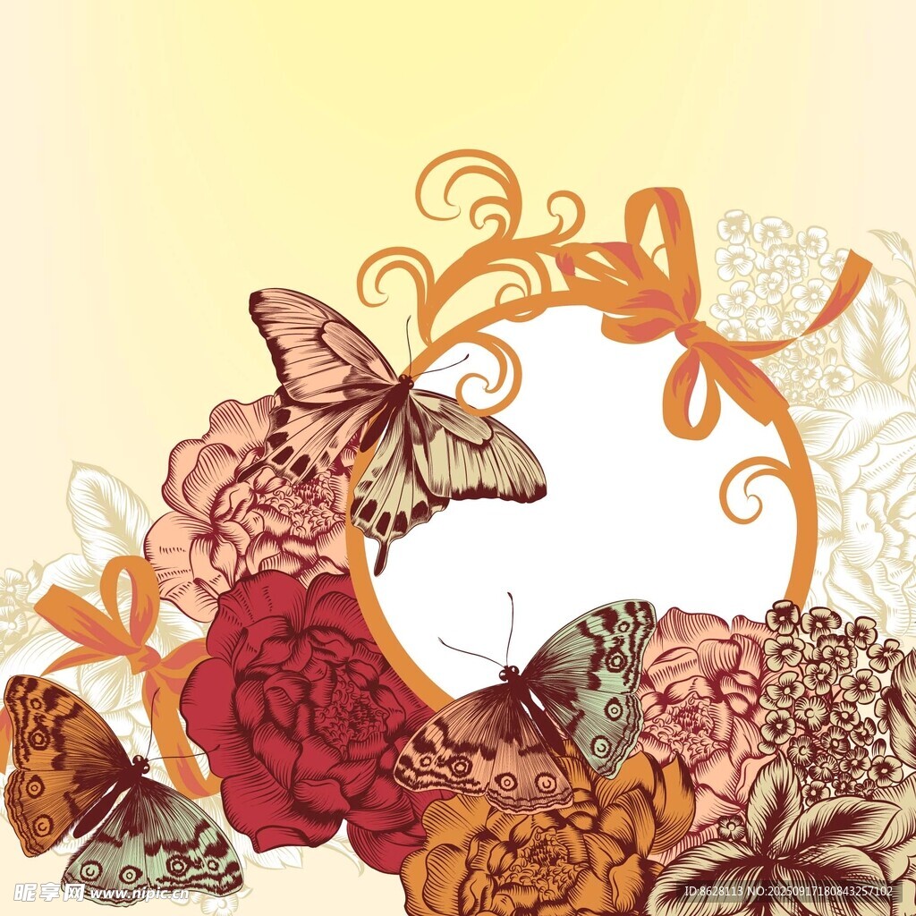 蝴蝶花卉环绕的精美图案