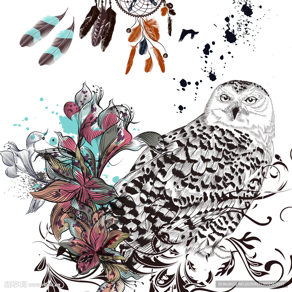 手绘猫头鹰与花卉装饰图案数码印