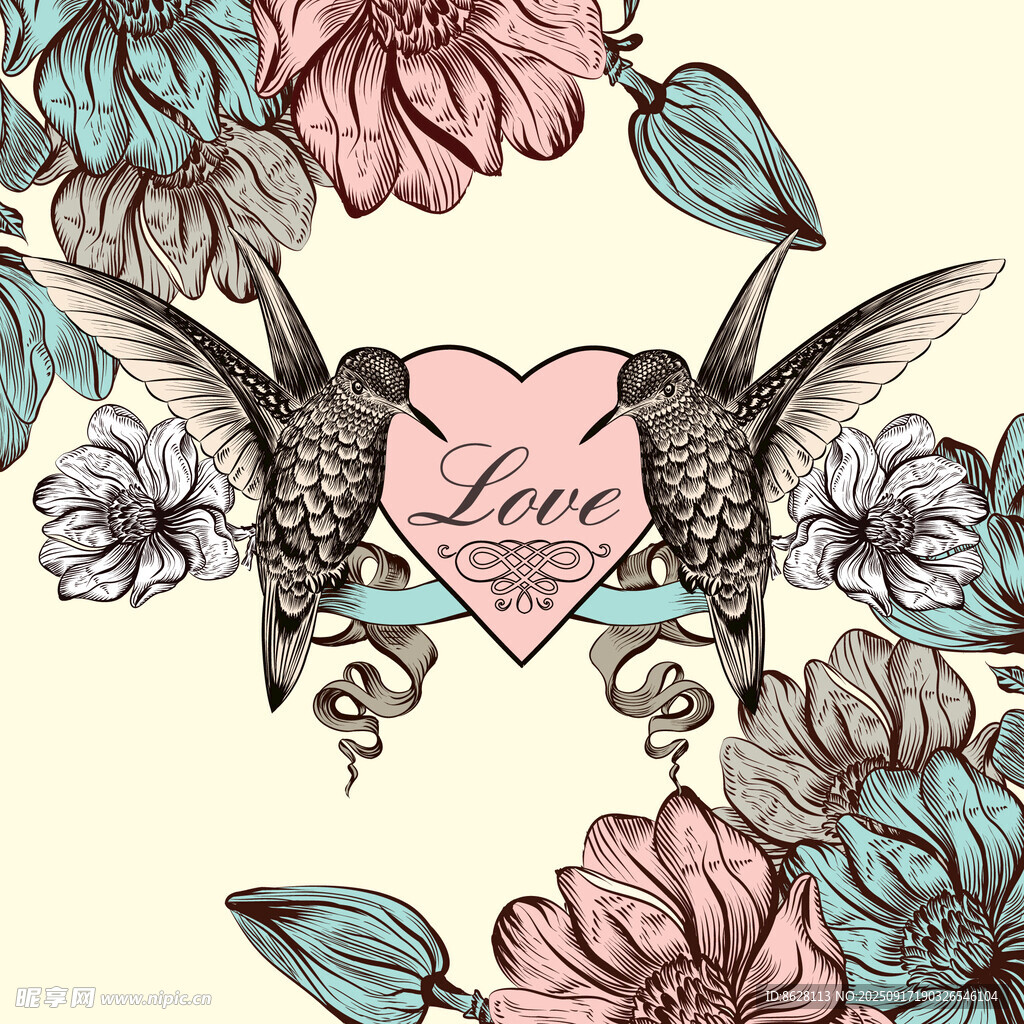 蜂鸟花卉爱心浪漫图案