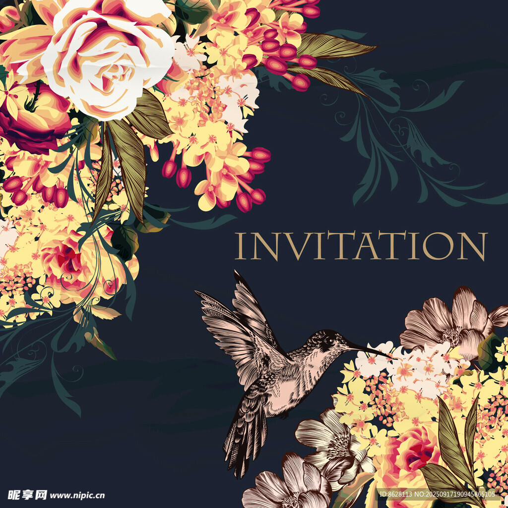 花卉蜂鸟邀请函背景图