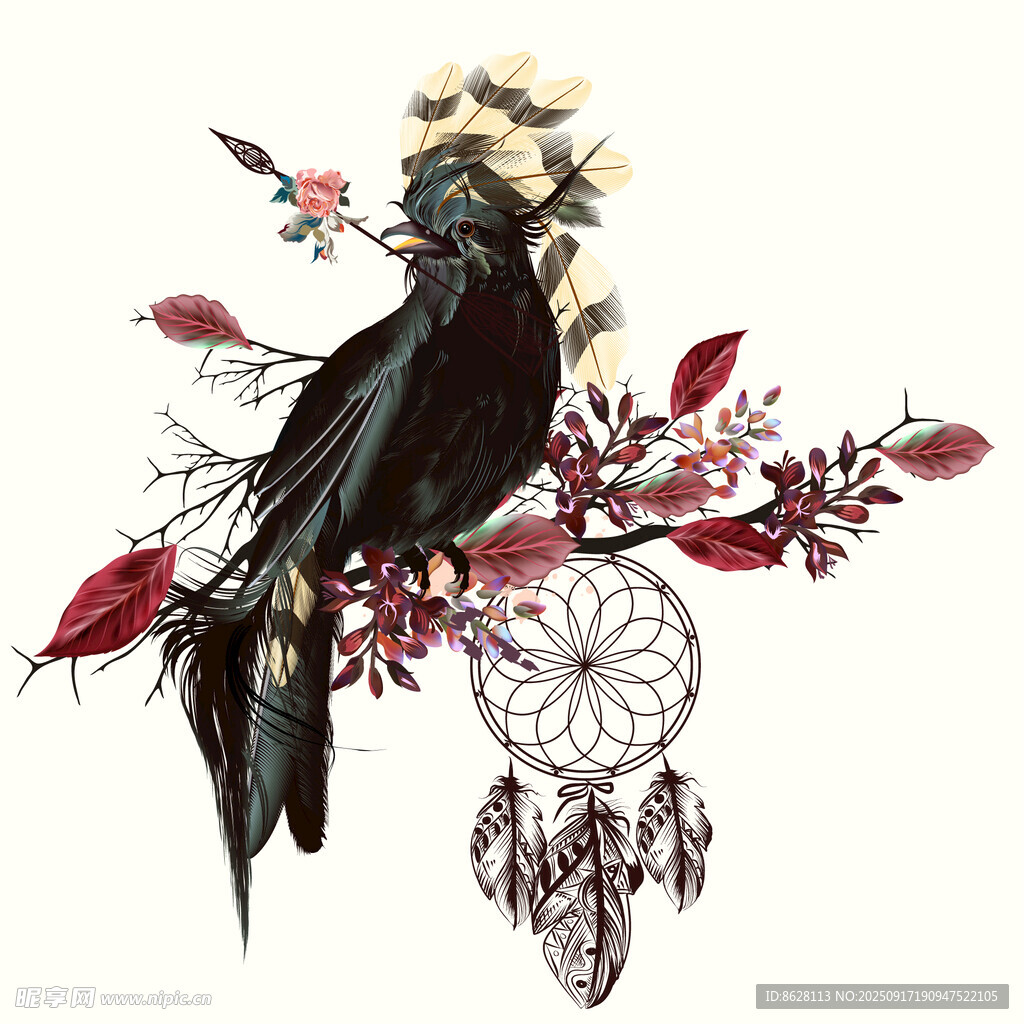 梦幻黑鸟栖于繁花捕梦网数码印花