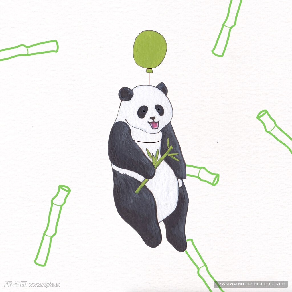 熊猫手握气球与竹子