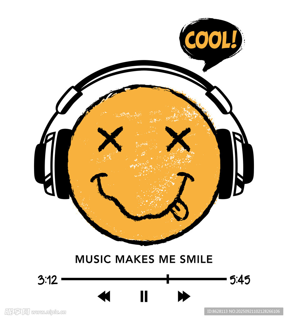 戴耳机的酷炫笑脸表情T恤设计图