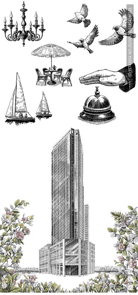 城市建筑与海上船只图景