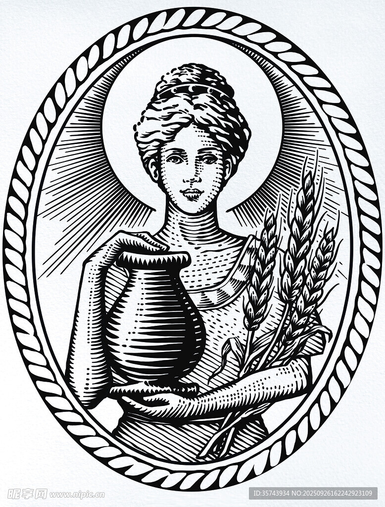 手持陶罐麦穗的古典女性