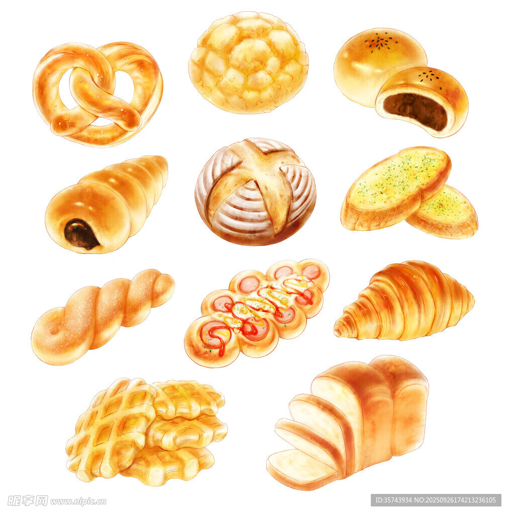 多样美味面包水彩插画
