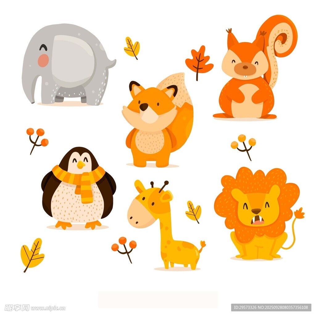 可爱动物与秋叶插画