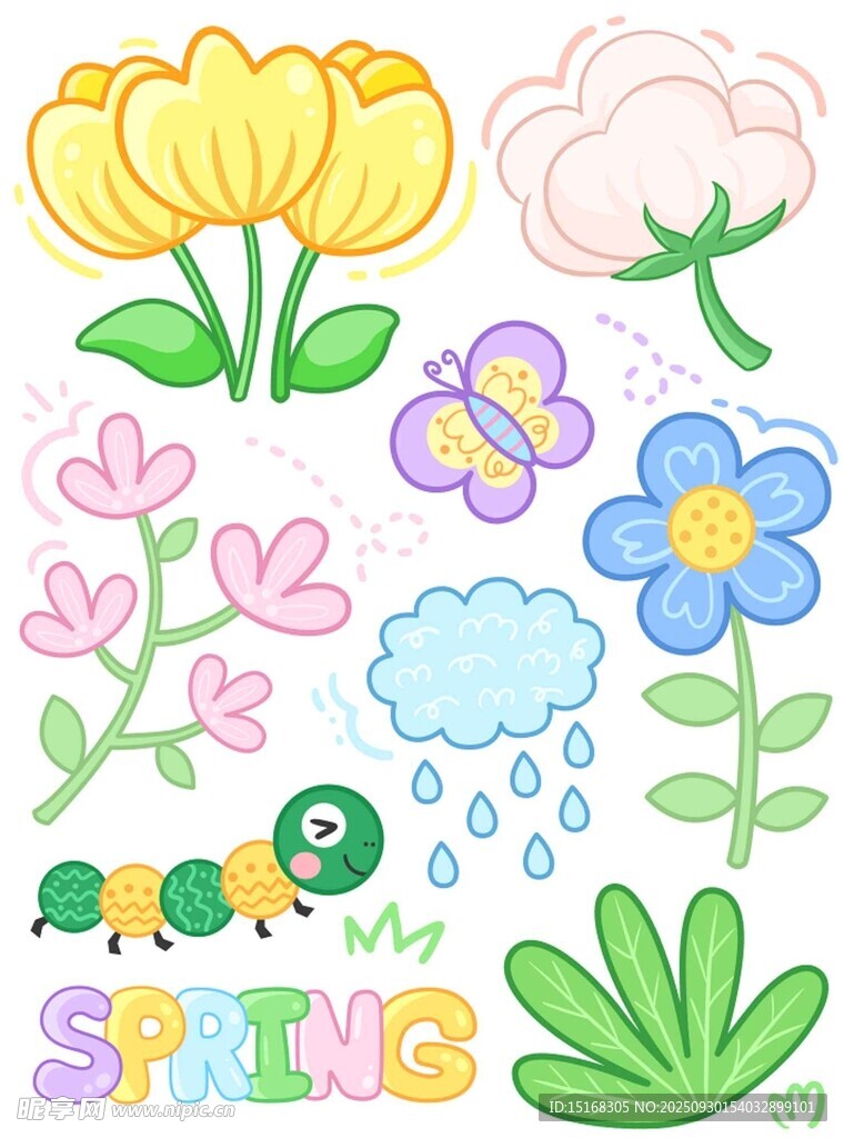 春天花卉昆虫插画元素