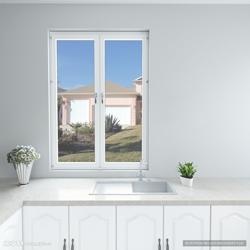 简约厨房的明亮窗户景观