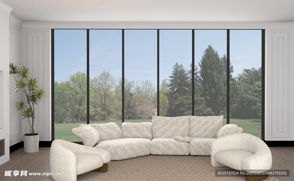 现代简约客厅沙发与大窗景观