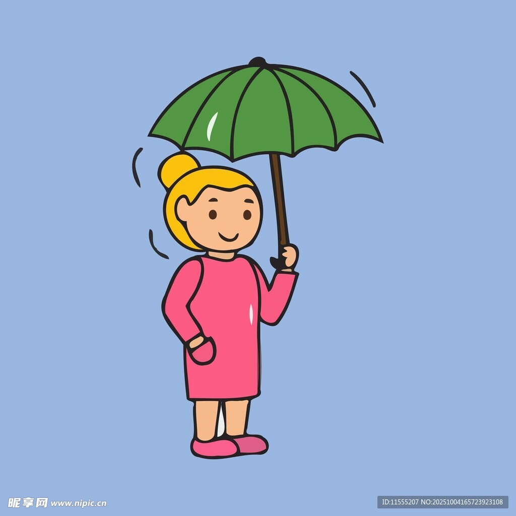 撑绿伞的粉色衣服小女孩