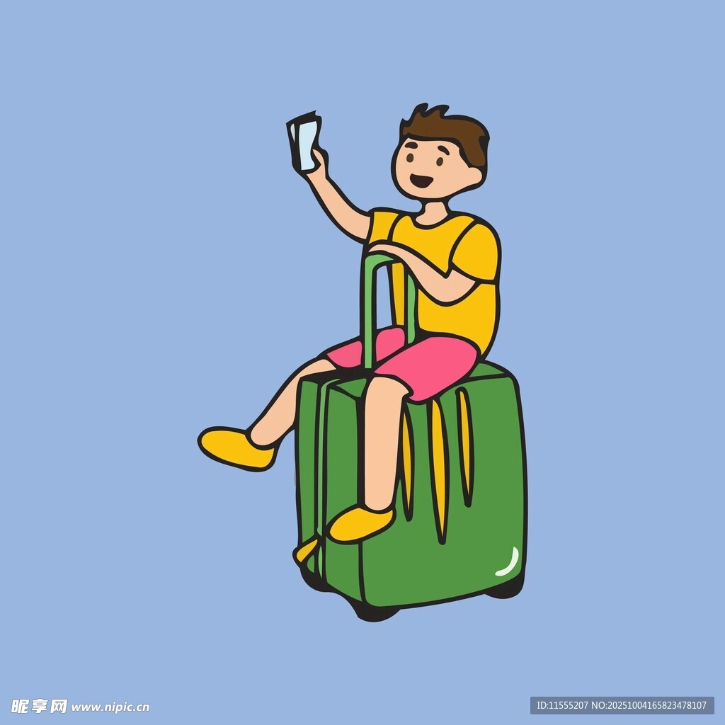 男孩坐行李箱上开心自拍