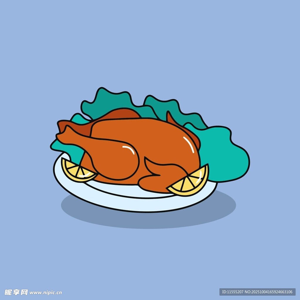 美味烤鸡摆盘插画