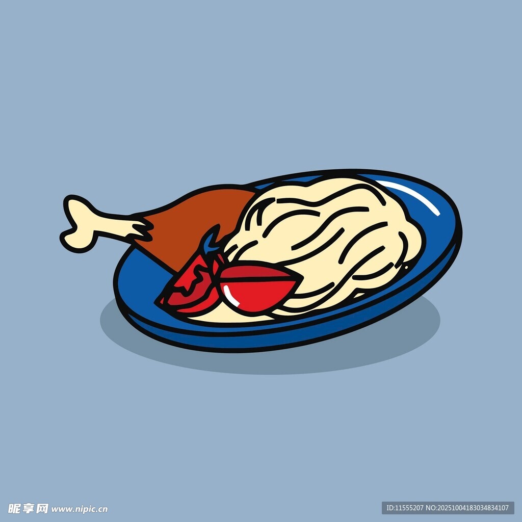 卡通风格的鸡腿面条餐