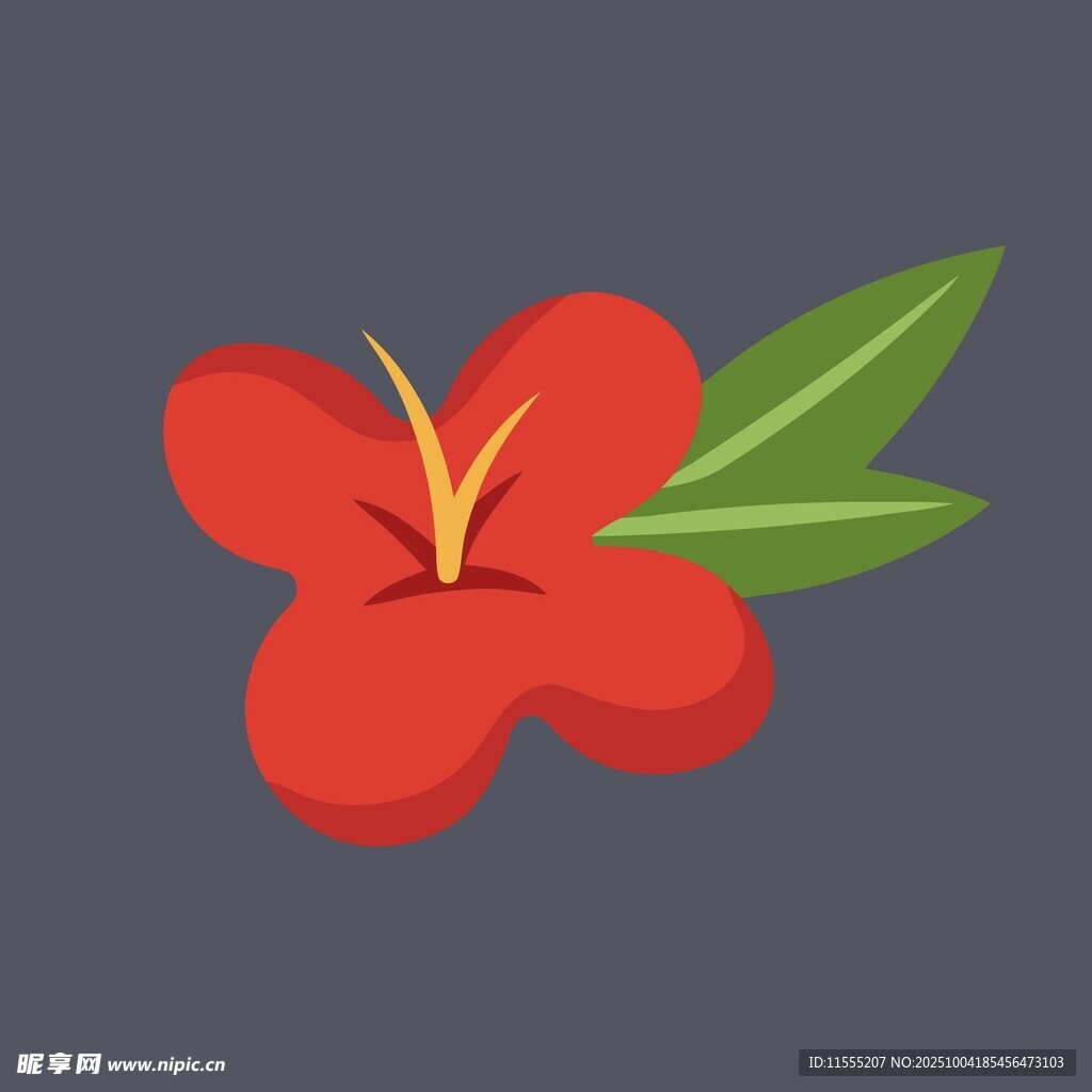 红色花朵配绿叶插画